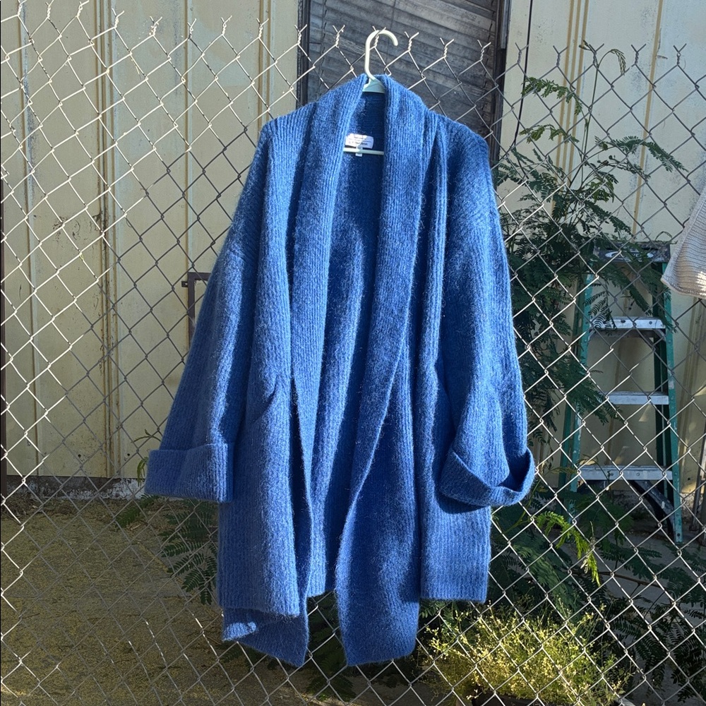 & Other Stories Oversized Mohair Wool Blue Open Rib Knit Long Cardigan